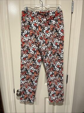 Krazy Larry Floral Print Capri Pants - Coral, White, Black, Light olive green.